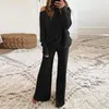 Pantalones de dos piezas para mujer Chándal de moda Mujer de punto de manga larga Oneck Pullover Suéter Pantalones de pierna ancha Traje suelto casual Mujer Conjunto de 2 piezas 220906