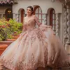 2022 Sexy Rose Gold Quinceanera Dresses Ball Ball Sweetheart equins requins Lace healses Crystal Tulle Ruffles Sweet 16 Corset Back Party Prom Prom Brom Prom