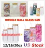 US Stock Subilation Bouteilles d'eau Double Mury Verre peut scintiller des gobelets en verre vide Tasses avec des verres de jus de bi￨re de couvercles de bi￨re 12 oz 20oz 20oz