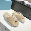 Luxury Wool Slippers Designer Sandals Soft Warm Fur Slides Flat Bottom Mules Fashion Woman Triangle Shoes Black White EU41
