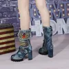 부츠 자수 겨울 따뜻한 여성 Chunky High Heel Botas Mujer 플랫폼 데님 부츠 스트랩 Jean Shoes 여성 플러스 사이즈 42