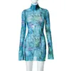 Casual Dresses Summer Women Mesh Sexy Y2K Cloth Tie Dye Print Long Sleeve Side Slit Bodycon Mini Dress Outfits Club Party