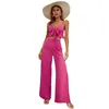 Dames tweedelige broek vrouwen pakken zomer losse ruches elastische taille sexy backless trompet casual chiffon stukken sets broek fuchsia