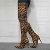 Bottes Sexy imprimé léopard talons hauts 12 cm sur les bottes au genou femme bout pointu talons aiguilles fermeture éclair hauteur de cuisse 220906
