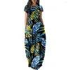 Casual jurken tropische plantbladeren stijl print vrouwen korte mouw jurk losse lange dubbele pocket