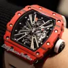 2022 12-01 Miyota Automatisk herrklocka NTPT Red Carbon Fiber Case Black Skeleton Dial Big Date White Rubber Strap 4 Styles Watches Puretime D4