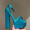 rhinestone sandals Luxury Designers womens platform heel dress shoes Classic triangle buckle Embellished Ankle strap Pumps 14CM high Heeled