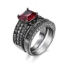 Red Ruby Zircon Gems Black Gold Filled Ring Wedding Band Finger Promise Ring Set SZ610176q3576853