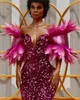 Sexy Feather Mermaid Prom jurk Halve mouw van de schouderavond formele feestjurk lieverd lovertjes Vestidos de noche