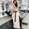 Women's Down Parkas Malina Hooded PU Fashion Tie Belt Coats Elegant Solid Faux Leather Slim Long Cotton Jackets Female Ladies 220905