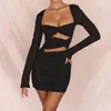 Giyu Sexy Bodycon Kleider Frauen 2022 Club Party Hohl Heraus Backless Robe Femme Casual Elegante Langarm Rot Mini Vestidos t220819