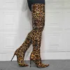 Botas sexy leopardo impressão salto alto 12cm sobre o joelho botas mulher apontou toe stilettos zíper altura da coxa 220906