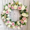 Dekoratif Çiçek Çelenkleri Yapay Pembe Gül Çelenk Yaz Ön Kapı Okaliptüs Yeşil Çiçek Çelenk Ülke Düğün Dekorasyon Çelenk Ev Dekor