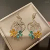 Boucles d'oreilles pendantes fleur chat cubique Zircon longue suspension gland jaune vert cristal pendentif pour femmes bijoux cadeau Drop9329628