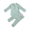 Set di abbigliamento Neonato nato Neonata Ragazzo Primavera Autunno A coste/plaid Abiti solidi Tute a maniche lunghe Pantaloni elastici 2 pezzi Abiti