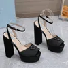 Designers Sandals Fashion shoes heels Satin Triangular buckle decoration chunky heel 13cm high heeled Designer shoes Platform heel womens ROMAN Sandal 35-42