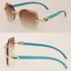 Conjunto de diamantes grandes c Decoración Gafas de sol de madera azules para hombre Diseñador Hombres Mujeres Gafas de sol de madera sin montura Ojo de gato Vintage 8200761 Lente cortada Oro de 18 k Tamaño 60