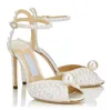 Londres Luxo Sacora Mulheres Sandálias Sapatos Branco Pérolas Couro Marca Elegante Senhora Salto Alto Sapatos de Noiva Festa de Casamento Noivas Sexy Andar EU35-43