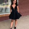 Black V Neck Satin A Line Homecoming Dresses Ruched Mini Short Party Cheap Shory Prom Gowns 328 328