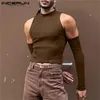 T-shirts pour hommes INCERUN Hommes T-shirt Couleur Unie Col Roulé À Manches Longues Hors Épaule Casual Camisetas Évider Streetwear Sexy Crop Tops 220906