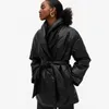 Women's Down Parkas Malina Autumn Winter Fashion Lose Solid Pu Leather Coats Elegant Tie Belt Cotton Jackets Kvinnliga damer 220905