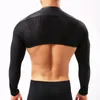 Heren t-shirts man t shirts zwarte faux lederen mesh mannen crop tops gay sexy nylon spandex lange mouwen worstelende shirts 220906