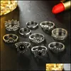 Pierścienie opaski 10pcs/Zestaw Vintage Crown Flower Serce Elephant Styp Knuckle Pierścień Elegancki Big Hollow for Women Fashion Jewelry Vipjewel Dhas0