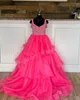 Hot Pink Girl Pageant Dress 2024 Ballgown Beading Organza Straps Neck Little Kid Aniversário Formal Vestido de Festa Criança Adolescentes Pré-adolescente Açúcar Azul Lilás Ruffle Camada Saia