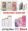 USA Warehouse Double Walled Glass Mugs 12oz/16oz/20oz Straight Pre-drilled Snow Globe Tumblers for Sublimation and Glitter Cups