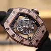 럭셔리 남성 역학 시계 Richa Wristwatch Business Leisure RM055 자동 기계 공장 풀 다이아몬드 로즈 골드 블랙 테이프 남성용