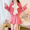 Two Piece Dress Autumn Temperament Suit Women Windbreaker Jacket Coat Ctop Top Pleated Mini Skirt Sets Outfits Bow Tie Shirt 220906