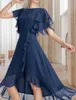 A-Line Mother of the Bride Dress Dark Navy Elegant Jewel Asymmetrical Knee Length Chiffon Short Sleeve with Ruffles Guest Party Gowns Robe De Soriee