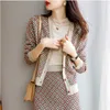 Two Piece Dress French Vintage Jacquard Knitted Suit Women Contrast Color Vneck Single Breasted Short Cardigan Mini Skirts Sets Chic Outfit 220906