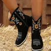 Boots Women Cut-outs Embroidered Leather Retro Cowgirl Pointed Toe Slip-on Western Girls Motorcycle Shoes Woman