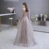 A-line Party Dresses Beaded Embroidery Party Lace Fabric Prom Dresses V-neck Women Long Sleeve Evening Gown YS69448