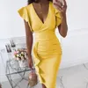 Casual Dresses FUFUCAILLM Büro Dame Figurbetontes Kleid Sommer Frauen V-Ausschnitt Gerafftes Bleistiftkleid Rüschen Kurzarm Wrap Party Hochzeit Formales Kleid 220906