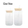 US stock 12oz 16oz Sublimation Glass Beer Mugs with Bamboo Lid Straw DIY Blanks Frosted Clear Can Shaped Tumblers Cups Heat Transfer Cocktail Iced Coffee Soda F0412