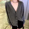 Maglioni da donna Cardigan in maglia di cashmere sottile con ricami creativi da donna cadono maglione con scollo a V pigro allentato cardigan nero 220906