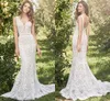 Charming Mermaid Boho Wedding Dresses with Back Buttons Tank crochet Lace Deep V Neck Backless Sweep Train Bride Gown
