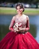 Dunkelrote Quinceanera Kleider mit Pailletten Spitzenapplikat Tüll 2022 Ballkleid von Schulter Langarm Sweet 16 Geburtstagsfeier Prom Formal Abend Kleidung Vestidos 403