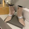 Sexy Women Pointed Toe High Heels Designer Luxury Rhinestone Zip Lambskin Ankle Boots Black Stiletto Fashion Booties 35-41