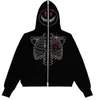 Men's Hoodies 2022 Women Streetwear Hoodie Rhinestone Skull Full Zip Up Grunge Oversized Sweatshirt Gothic Harajuku Jacket Y2k Clothes