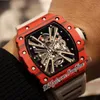 2022 12-01 Miyota Automatisk herrklocka NTPT Red Carbon Fiber Case Black Skeleton Dial Big Date White Rubber Strap 4 Styles Watches Puretime D4