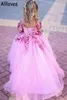 Розовые фантастические платья для цветочниц с длинными рукавами Puff Princess Little Girl's Pageant Ball Howns 3D Flower