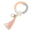 Partihandel Trä TASSEL BEAD String Armband Key Chain Food Grade Silikonpärlor Armband Kvinnor Girl Key Ring handledsrem FY2981