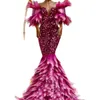 Sexy Feather Mermaid Prom jurk Halve mouw van de schouderavond formele feestjurk lieverd lovertjes Vestidos de noche