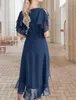 A-ligne mère de la robe de mariée bleu marine élégant bijou asymétrique longueur au genou en mousseline de soie à manches courtes avec volants robes de soirée invité Robe De Soriee