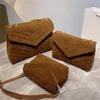 Designer- Orange Color Suede Leather Shoulder Bags Cowhide Chains Baguette Double Strap V Lines Cross Body Påsar Brev Buckle
