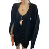Maglioni da donna Cardigan in maglia di cashmere sottile con ricami creativi da donna cadono maglione con scollo a V pigro allentato cardigan nero 220906