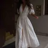 Yaz elbisesi vintage katı düğme midi elbise seksi parti kulübü askısız yüksek bölünmüş elbiseler kadınlar rahat beyaz elbiseler vestidos t220819